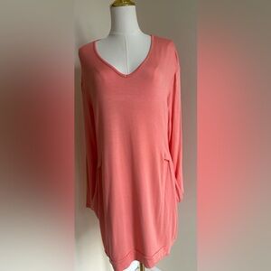 Coral V-Neck Long Sleeve Dress- Large